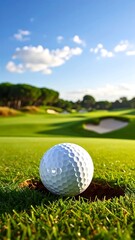 Fototapeta premium Golf ball resting near the hole on a sunny day.
