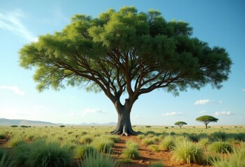 Fototapeta premium Compounded Acacia Tree with Feathery Leaves Against an Expansive Savanna Sky
