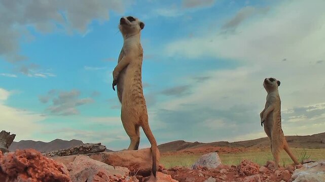 two free living meerkat or  suricate standing upright on lookout watchful 7.1