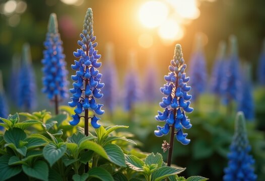 Cottage Retreat with Delphinium Blue Spikes Cutting through the Soft Lavender Haze of the Flower Bed