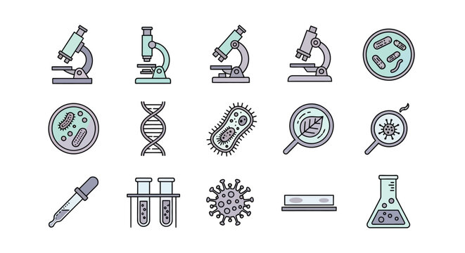 Illustration depicting science, microbiology, and laboratory equipment in a clean vector style