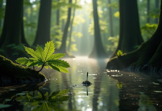 Cypress Swamp Ecological System with Scale-Layered Greenery and Reflections Over Still Waters