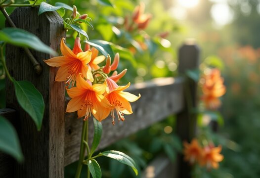 Delicate Honeysuckle Flowers Vibrant Vines Twisting Along Fence Fragrant Sweet Nectar Blossom