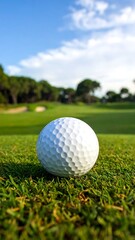 Fototapeta premium Golf ball resting on the green with a clear blue sky.