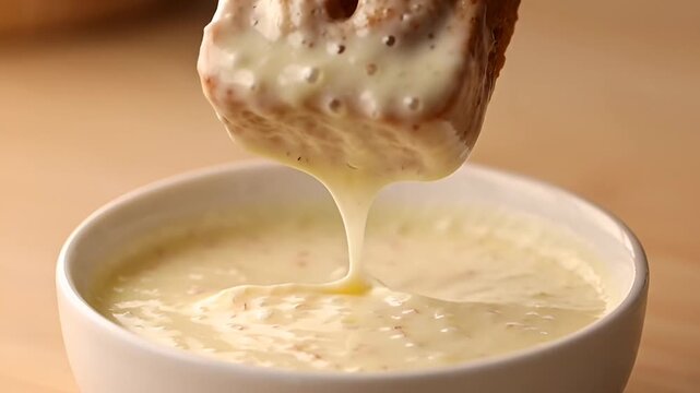 Cheese Fondue Delight: A delectable moment captured, showcasing a slice of bread submerged in a creamy, golden cheese fondue, poised above a pristine, white bowl. 