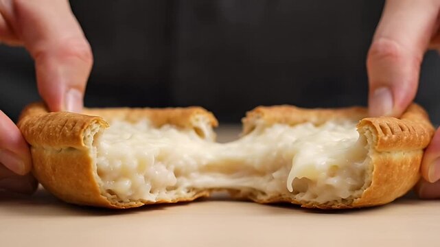 Delectable Savory Pie: A close-up shot captures the moment a freshly baked, golden-crusted savory pie is pulled apart, revealing a creamy, steaming filling. It is a true culinary delight!