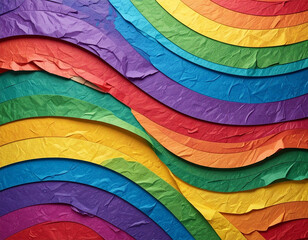 Fototapeta premium Crumpled rainbow paper texture with layered folded sheets and torn edges, colorful craft background with strong depth and tactile detail