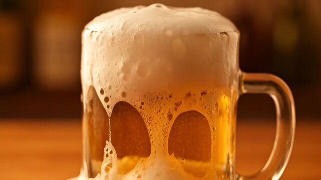 Frothy Brew in a Mug: A close-up view of a refreshing mug of beer, overflowing with a creamy, frothy head and showcasing the golden amber liquid within. Perfect for any beverage themed project! 