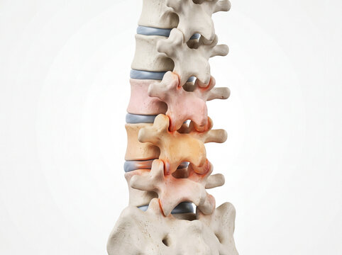 Close-up 3D render of stressed lumbar vertebrae showing signs of degeneration and pain