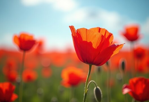 Lively Poppy Red Papery Petals Swaying In Gentle Farm Breeze Against Clear Blue Sky