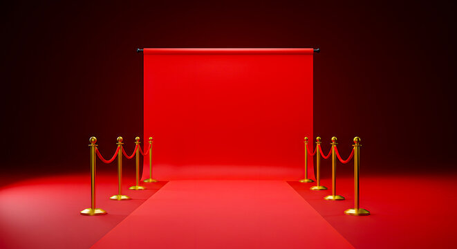 Elegant red carpet leading to a vibrant backdrop, flanked by golden stanchions and velvet ropes, symbolizing exclusivity and grand event entry