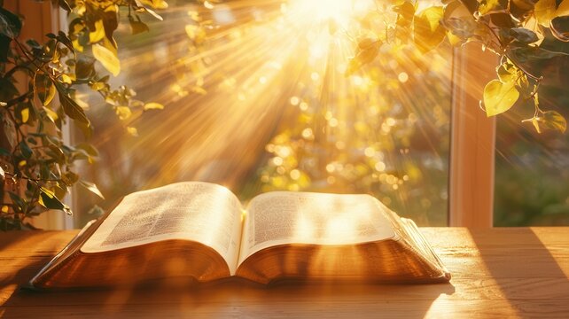 Open book inviting spiritual reading and study with golden light shining through window and green leaves
