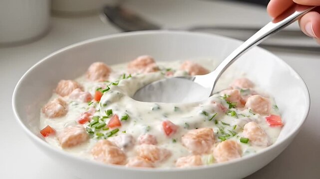 Creamy Culinary Creation: A culinary masterpiece unfolds, showcasing a delightful bowl of creamy food, adorned with fresh herbs and colorful ingredients, and poised to tantalize the taste buds.