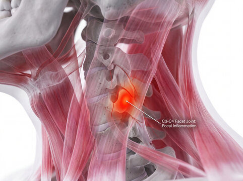 Close-up of inflamed cervical facet joint C3-C4 with muscle overlay