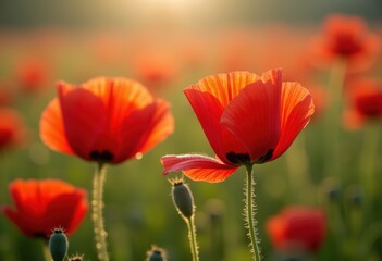 Fototapeta premium Poppy Red Papery Petals Dancing in a Gentle Breeze Across an Endless Open Field