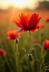 Naklejka premium Poppy Red Papery Petals Dancing in a Gentle Breeze Across an Endless Open Field