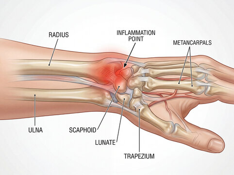 Medical illustration of wrist joint inflammation and bone anatomy