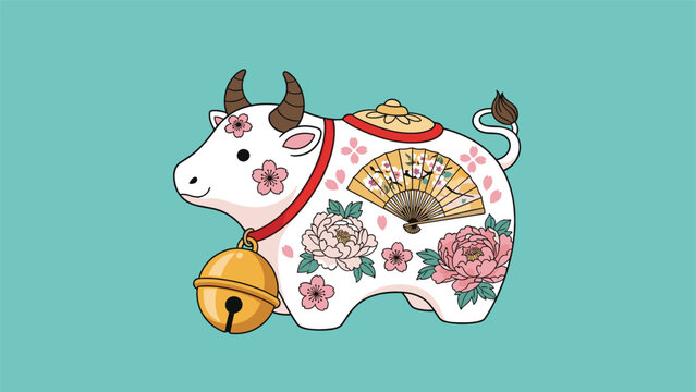 Decorative white cow figurine featuring peony flowers, a golden fan, and a large golden bell representing the Japanese zodiac year of the ox.