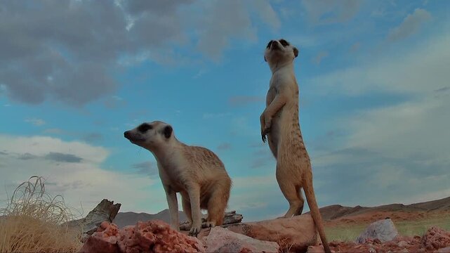 two free living meerkats or  suricates standing upright on lookout watchful, close 7.2