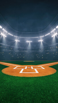 Baseball field at a sports stadium with glowing spotlights and fans ready for the upcoming night sporting event.