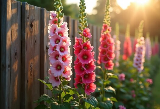 Towering Hollyhock Stalks with Ruffled Flowers Framed by a Charming Weathered Fence