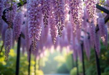 Obraz premium Vibrant Wisteria Flower Clusters Cascading from Pergola Creating an Enchanting Outdoor Canopy Display
