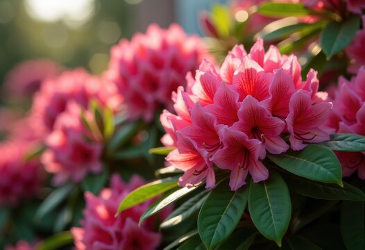 Vibrant Rhododendron Evergreen Shrubs Featuring Clusters of Fragrant Flowers Blooming in the Yard