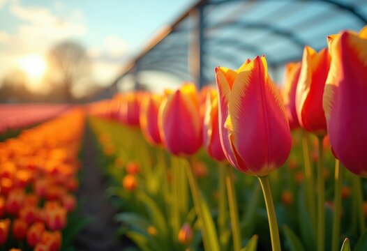 Vibrant Tulip Rows in Blooming Colors Spring Flourish Garden Pathways