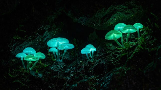 Luminous bioluminescent fungi growing in the deepest, darkest cavern brilliantly symbolize the crucial discovery of true inner self-worth.