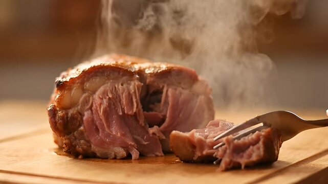 Roasted Pork on the Cutting Board: Close-up of a delectable cut of roasted pork, with steam rising gracefully, promising an explosion of savory flavor. The enticing details of the meat are visible.