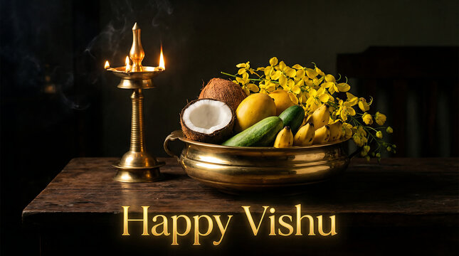Happy Vishu Golden Kani on White