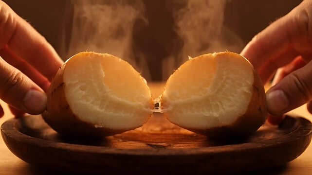 Steaming Potatoes: A close-up shot of freshly steamed potatoes, halved to reveal their fluffy interior, held delicately over a wooden plate, as warm vapor gently rises.