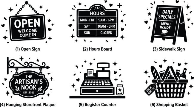 Black open welcome sign hanging with daily specials sidewalk chalkboard and artisan storefront plaque vector art