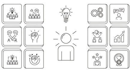 Fototapeta premium Collaborative business concepts: teamwork, brainstorming, and growth icons representing innovation and strategy.