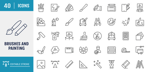 Brushes and Painting icon set. Includes Brush, color palette, bucket, can and more. Outline icon set. Vector illustration with editable stroke © Control New