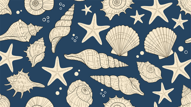 Elegant seamless pattern of hand drawn seashells and starfish scattered over a dark blue ocean background.