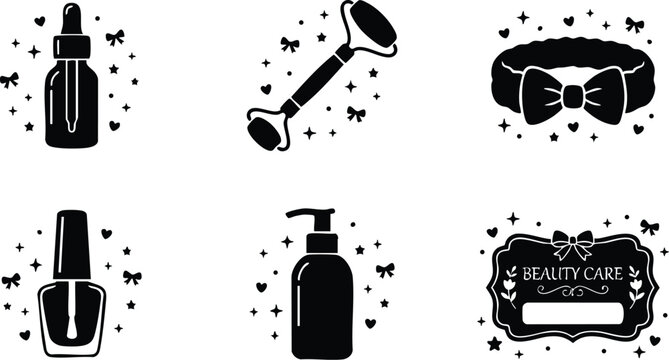 Black and white beauty care icons with dropper bottle roller and nail polish