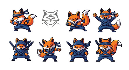 Fototapeta premium Fox ninja mascot character poses vector set illustration