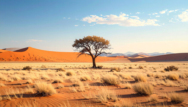 A lone dry tree stands in a vast flat desert landscape with a smooth sky gradient.