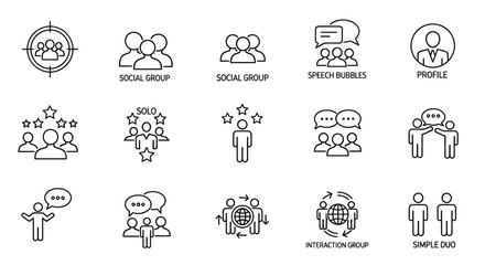 Fototapeta premium Collection of people icons depicting teamwork, meetings, presentations and collaboration scenes.