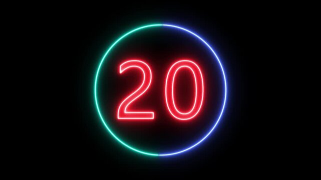 Neon Circle countdown timer animation from 25 to 0 second animation on black background. 25 second countdown timer. High quality 4K video.