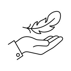 Minimalist contour icon of a weightless feather floating over an open palm, symbolizing extreme softness, gentleness and delicate care. Vector illustration. © chekman