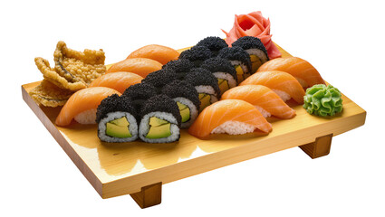Assorted Sushi Rolls and Flower with Crispy Tempura on Wooden Board © Gabriela