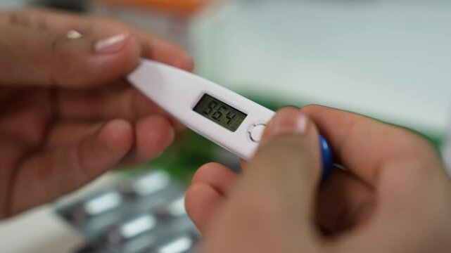 Close-up of hands holding a digital thermometer with fever reading, blurred pills in background, healthcare and illness concept.