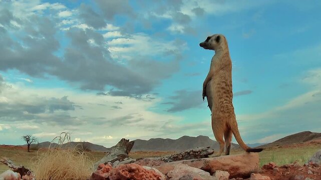 free living female meerkat or suricate standing upright, watching 7.4