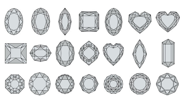 Collection of twenty-one different diamond and gemstone cuts illustrated with black outlines and grey shading.