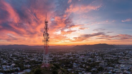 Obraz premium A metropolitan cityscape at sunset with city lights and cloud-filled sky