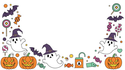 Fototapeta premium Halloween themed border design with cute ghosts carved pumpkins bats lollipops and candy on a clean white background.