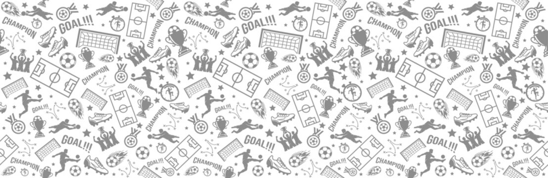Seamless Football Pattern with Soccer Icons, Players Silhouettes and Sports Elements