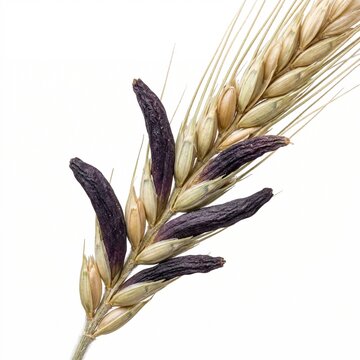 Close-up Macro Photo of Ergot Fungus on an Ear of Rye Grain on a White Background